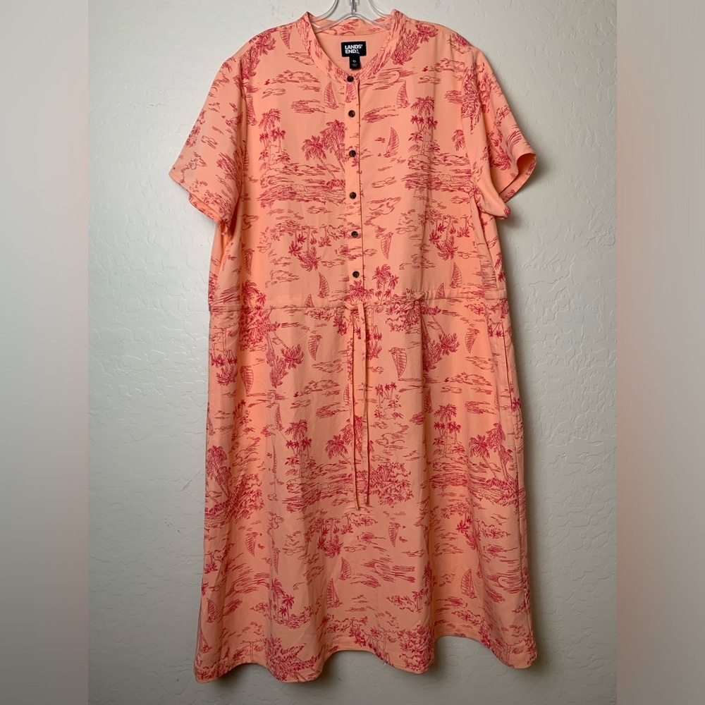 Lands End Tropical Button Drawstring Waist Womens‎ Dress Sz XL Peach 0101
